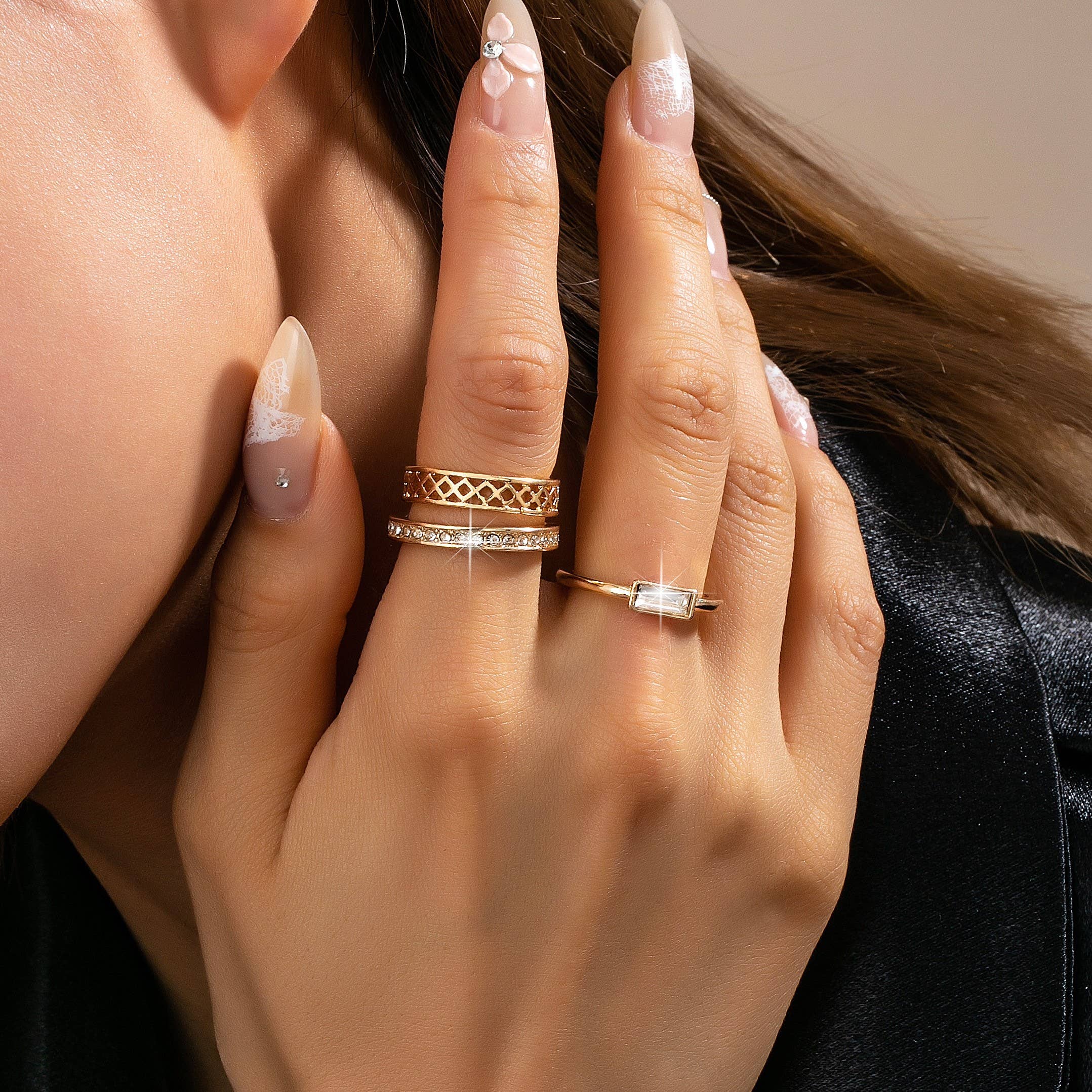 Gold Textured & Crystal Stacking Ring Trio | 80R154