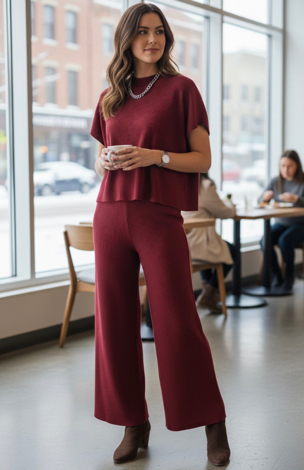 Zenana Boxy Top Wide Leg Ribbed Pants 2pcs Set