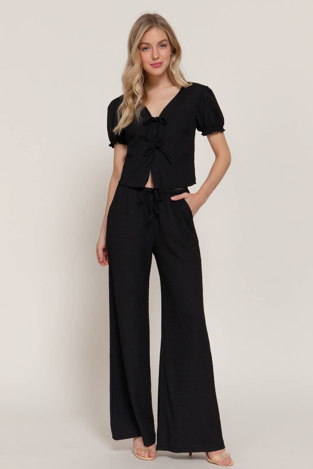 Short Sleeve V-Neck with Tie Top & Texture Knit Pants Set