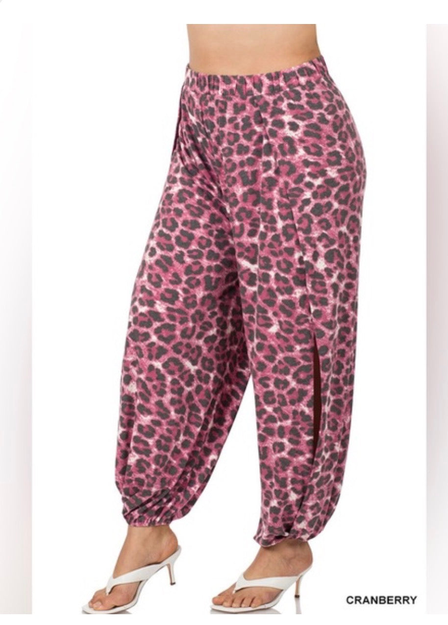Zenana Open Slit Barrel Joggers pink leopard