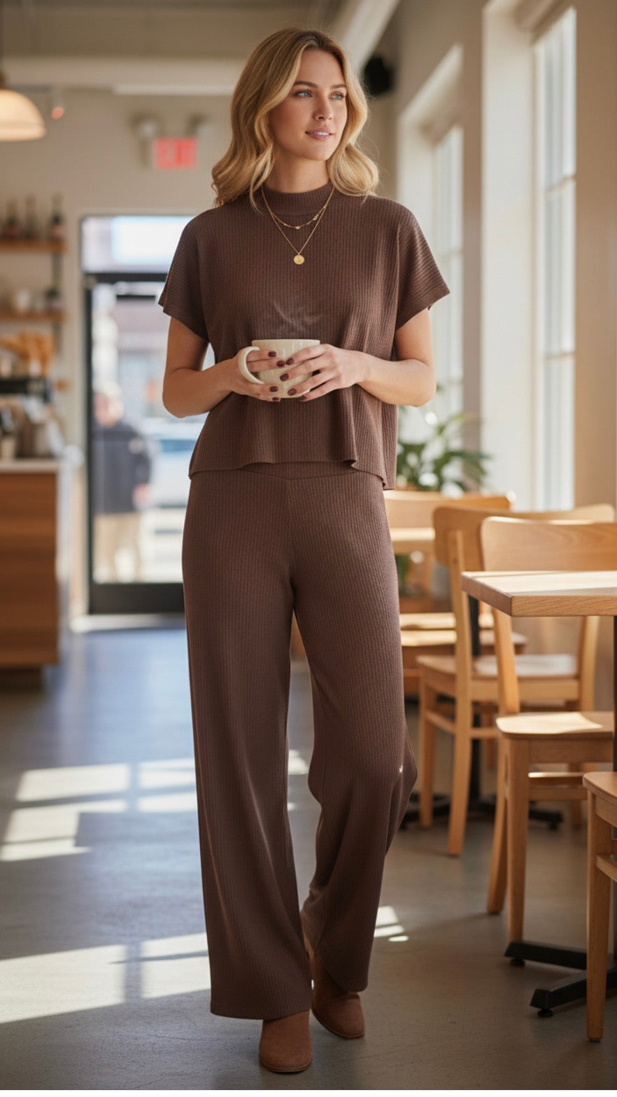 Zenana Boxy Top Wide Leg Ribbed Pants 2pcs Set