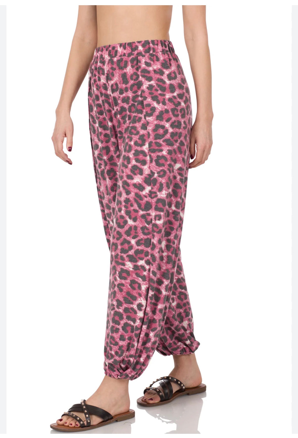 Zenana Open Slit Barrel Joggers pink leopard