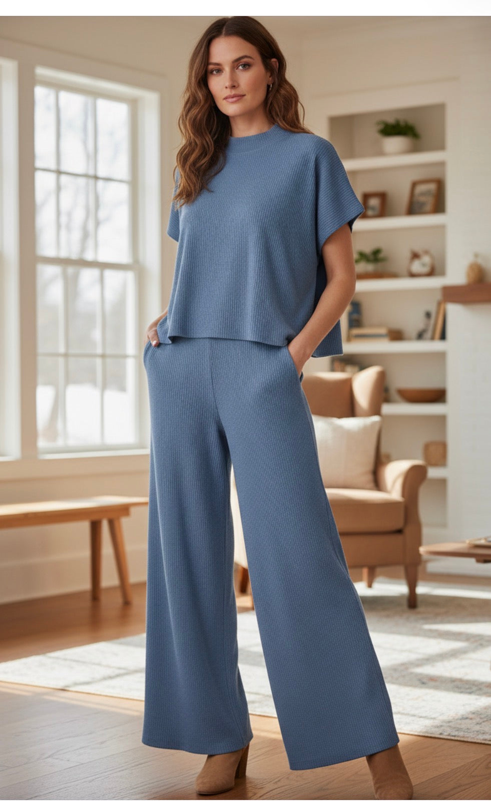 Zenana Boxy Top Wide Leg Ribbed Pants 2pcs Set