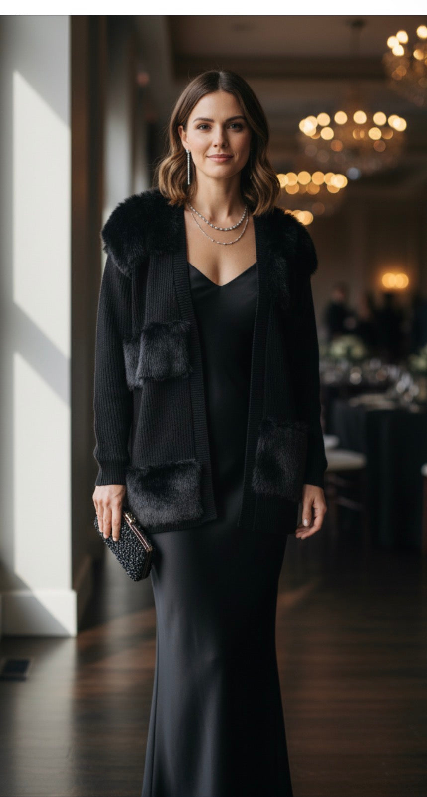 Adrienne Landau Black Faux Fur Trim Open-Front Cardigan