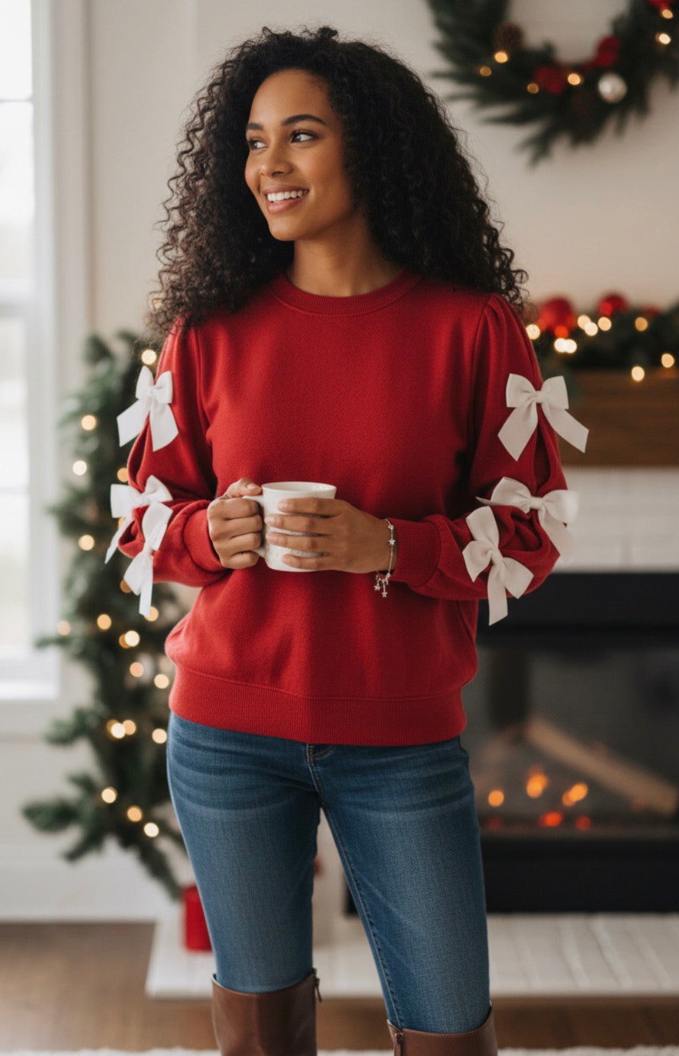 Lovesoft Red Bow-Sleeve Valentines Day Crew Neck Sweatshirt