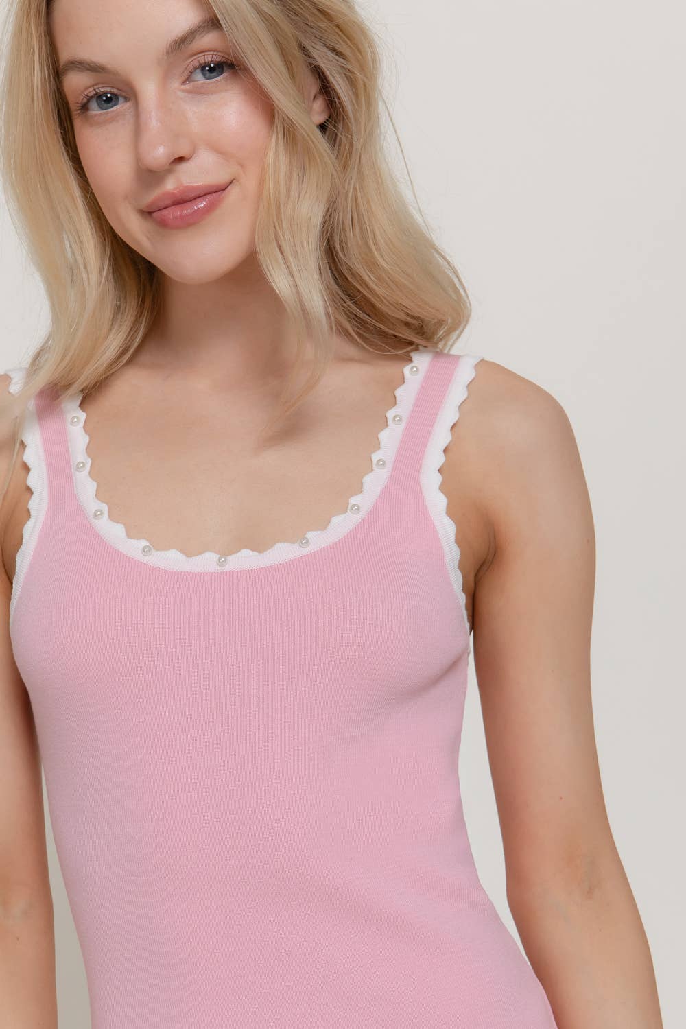 Sleeveless Square Neck with Scallop Pearl Sweater Knit Top