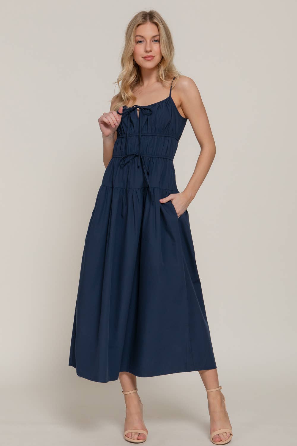 Front Tie Detail Tiered Long Dress