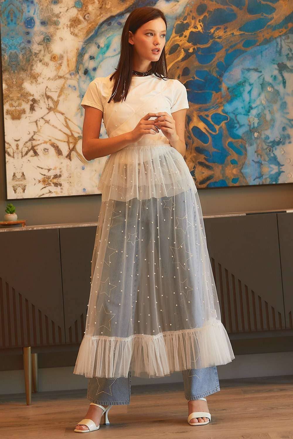 Pearl Ruffle See through Mesh Dress