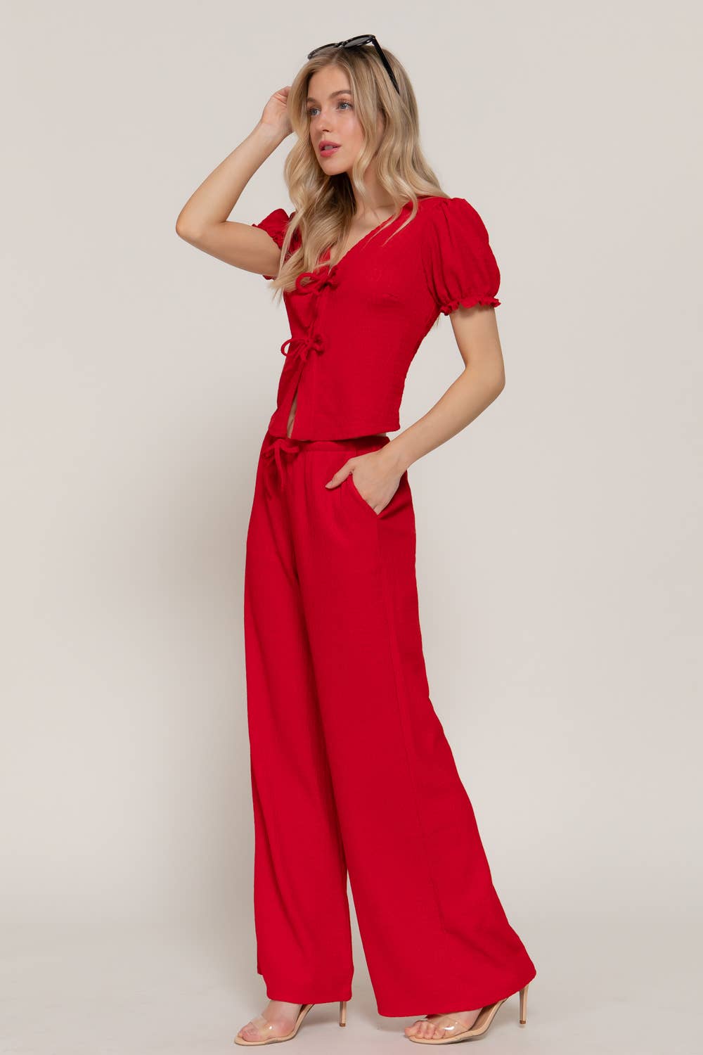 Short Sleeve V-Neck with Tie Top & Texture Knit Pants Set