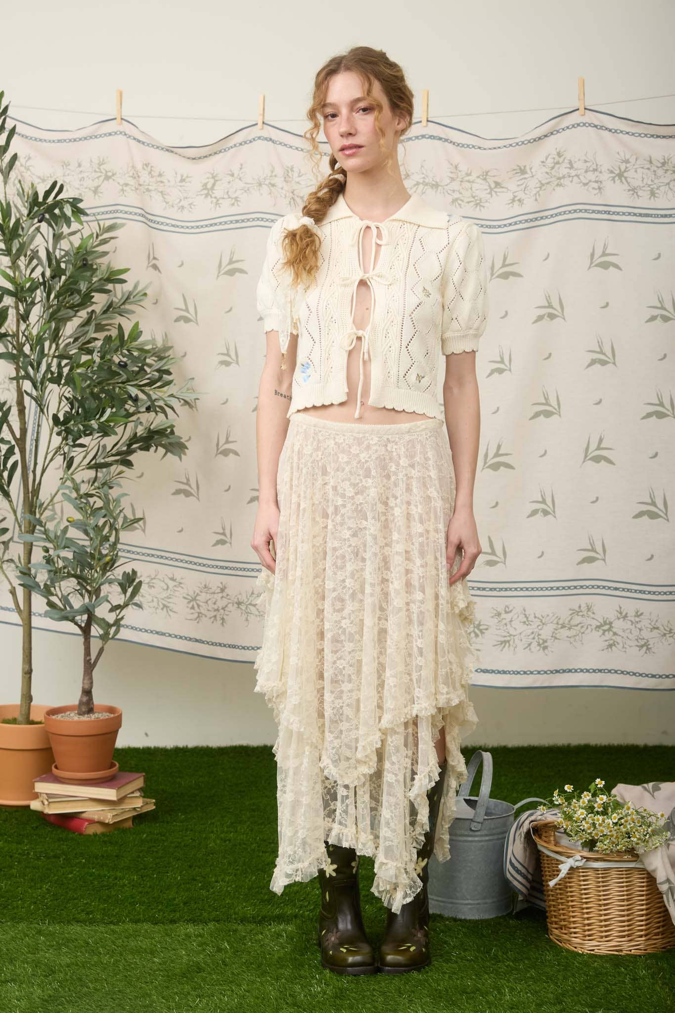 FLORAL EMBROIDERY CROCHET KNIT FRONT TIE SWEATER