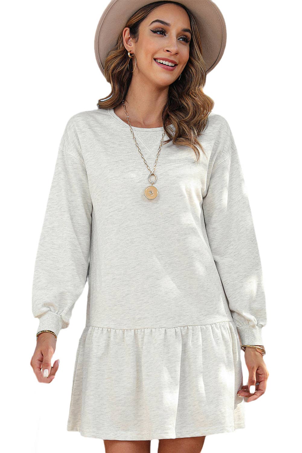 Classic Crew Neck Ruffle Hem Mini Dress