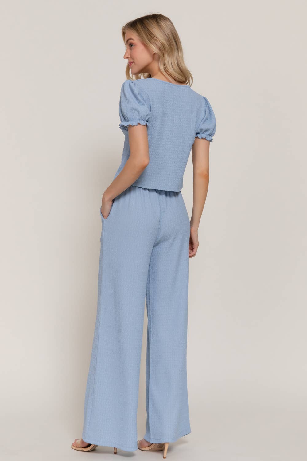 Short Sleeve V-Neck with Tie Top & Texture Knit Pants Set