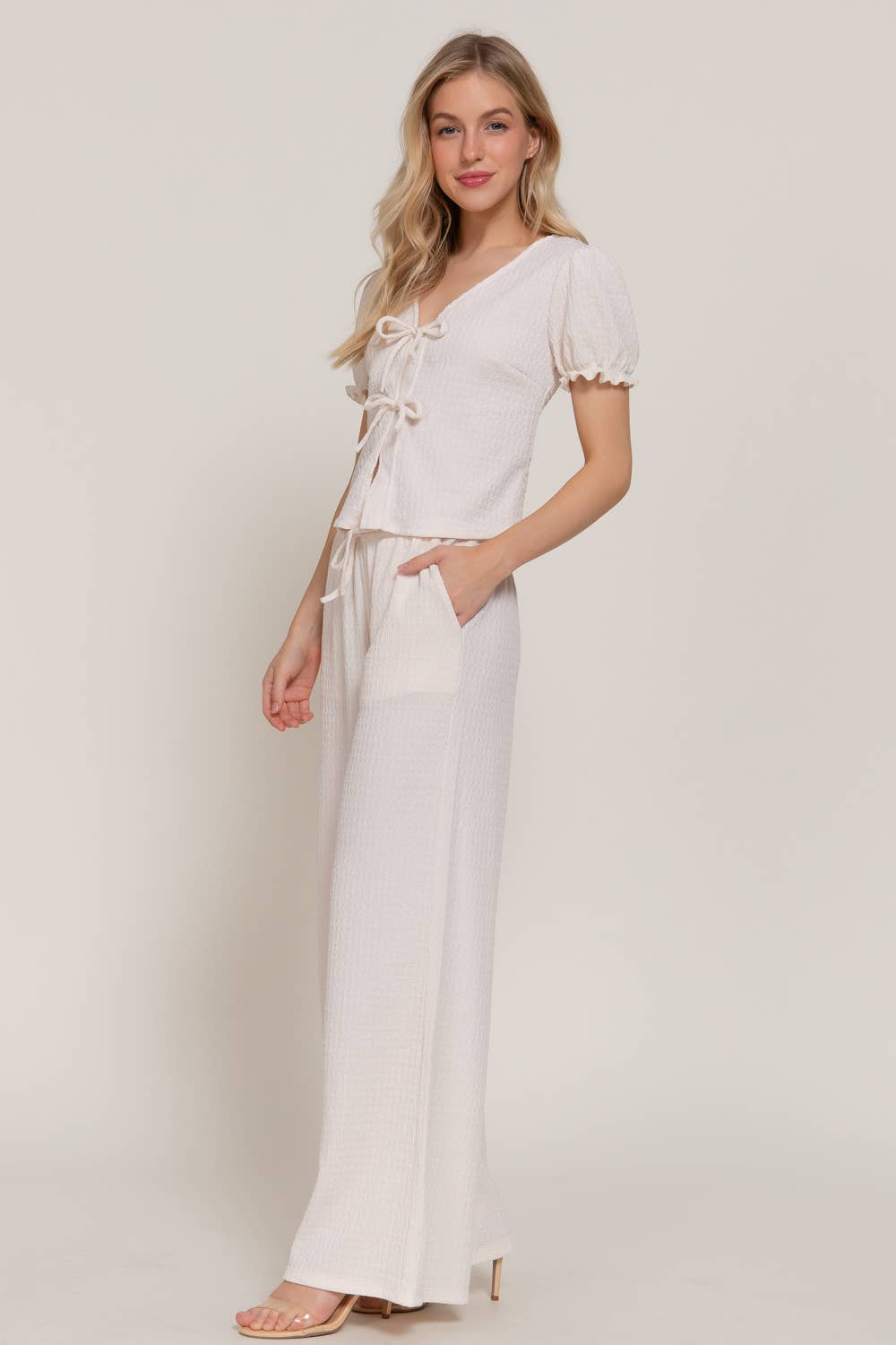 Short Sleeve V-Neck with Tie Top & Texture Knit Pants Set