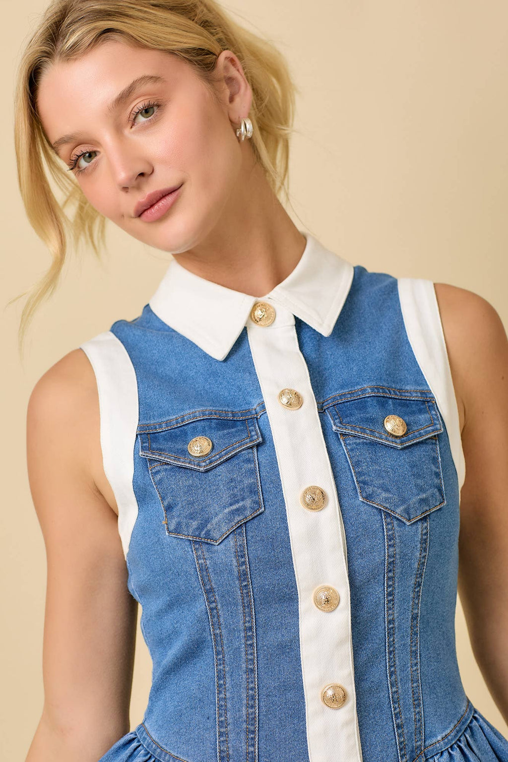 Collar Button Down Low Waist Denim Stretch Mini Dress
