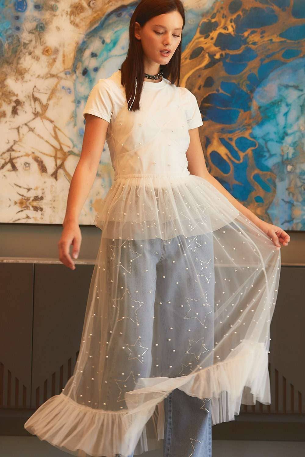 Pearl Ruffle See through Mesh Dress
