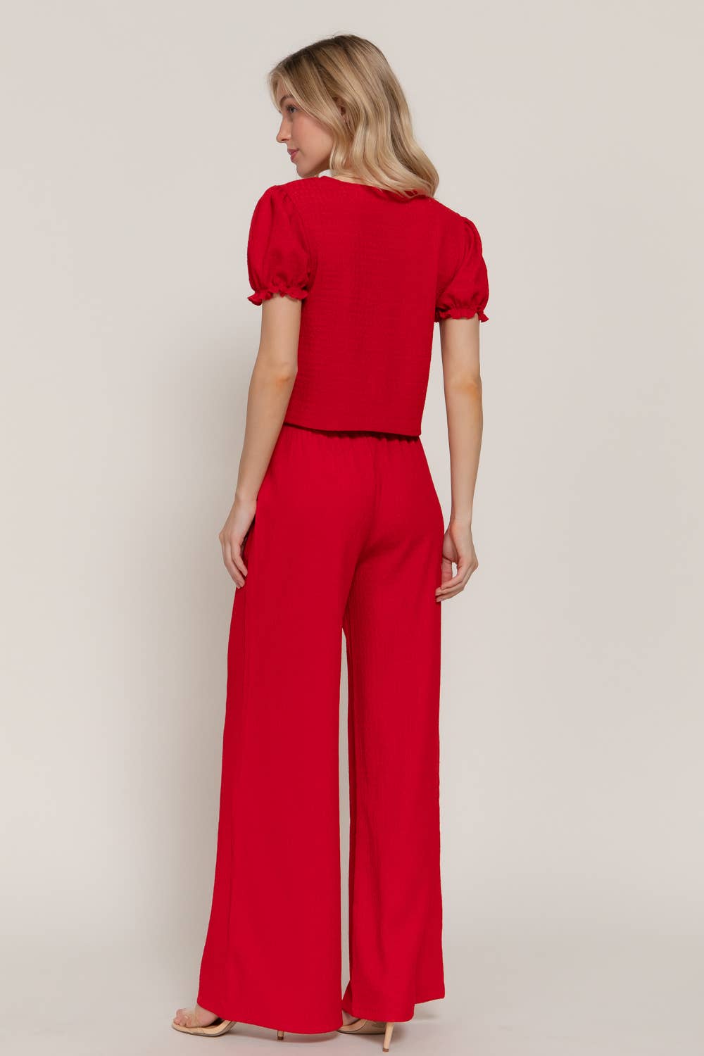 Short Sleeve V-Neck with Tie Top & Texture Knit Pants Set