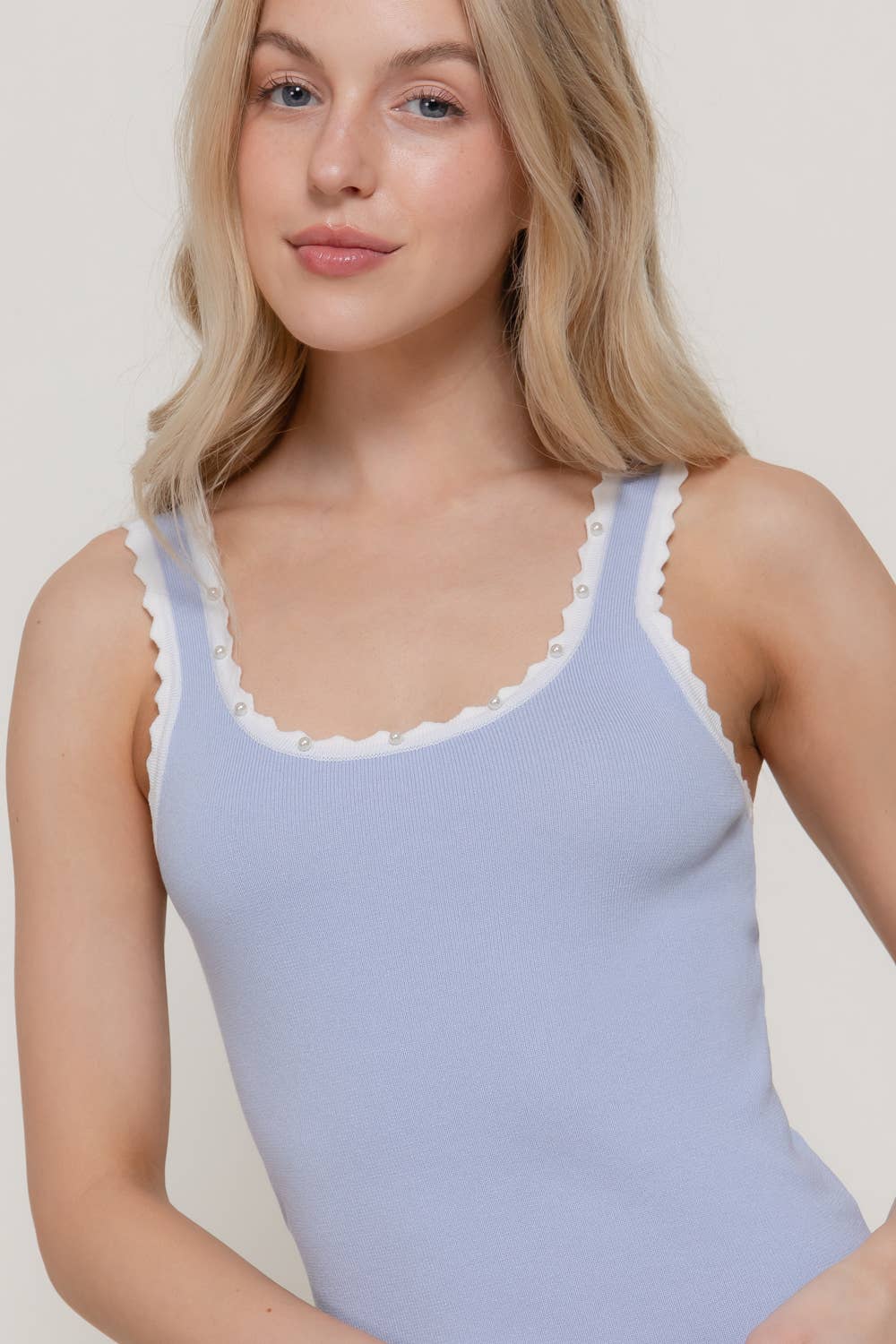 Sleeveless Square Neck with Scallop Pearl Sweater Knit Top