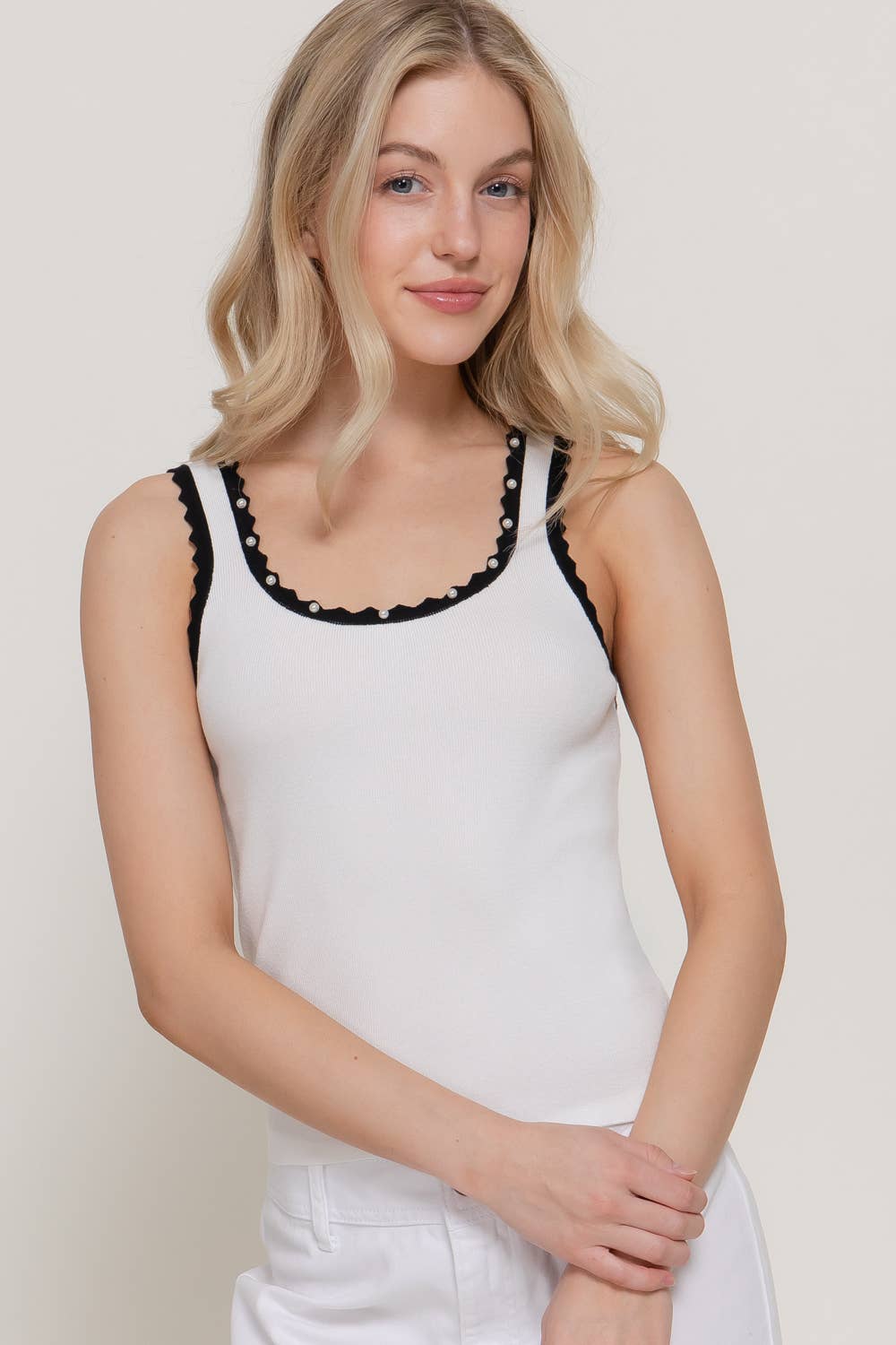Sleeveless Square Neck with Scallop Pearl Sweater Knit Top