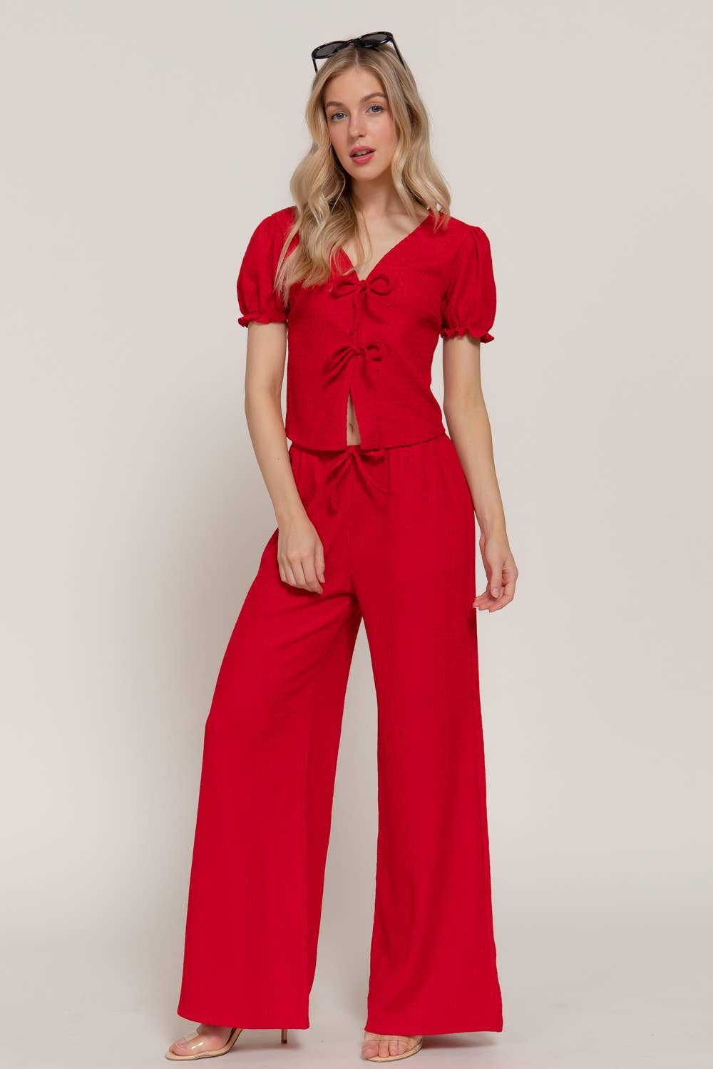 Short Sleeve V-Neck with Tie Top & Texture Knit Pants Set
