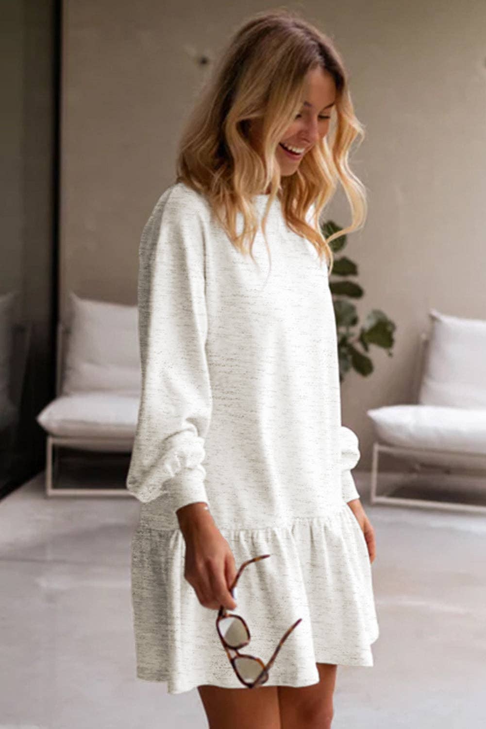Classic Crew Neck Ruffle Hem Mini Dress