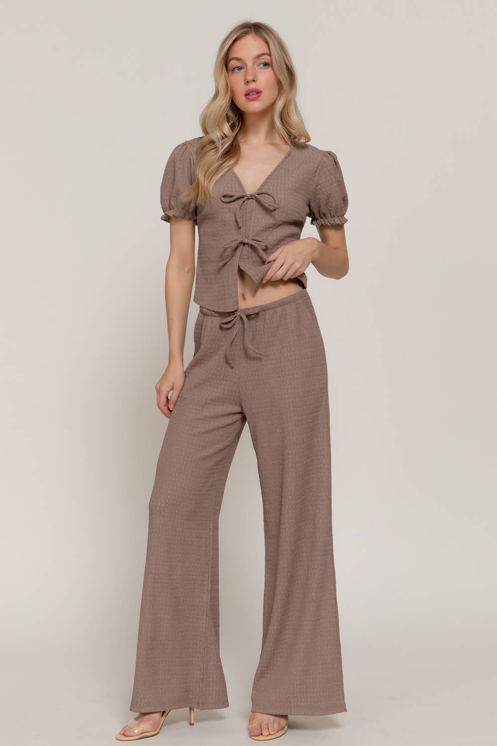Short Sleeve V-Neck with Tie Top & Texture Knit Pants Set