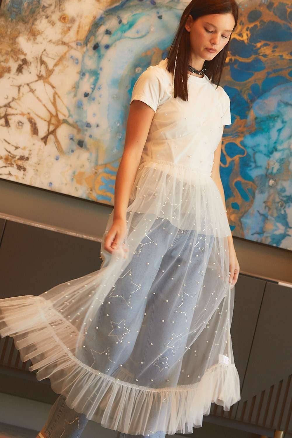 Pearl Ruffle See through Mesh Dress