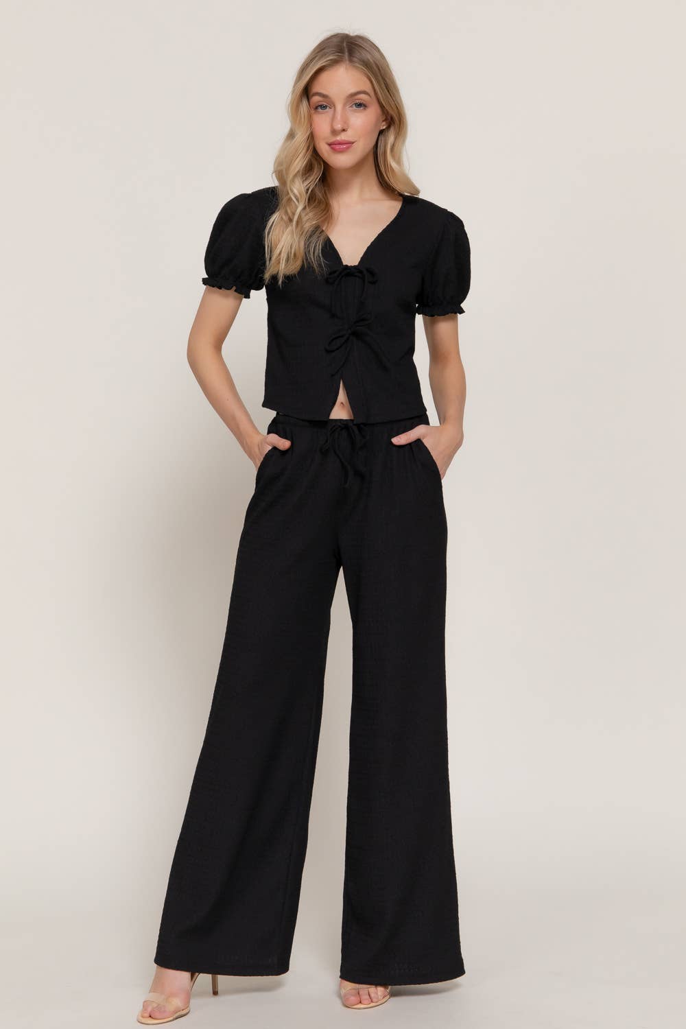 Short Sleeve V-Neck with Tie Top & Texture Knit Pants Set