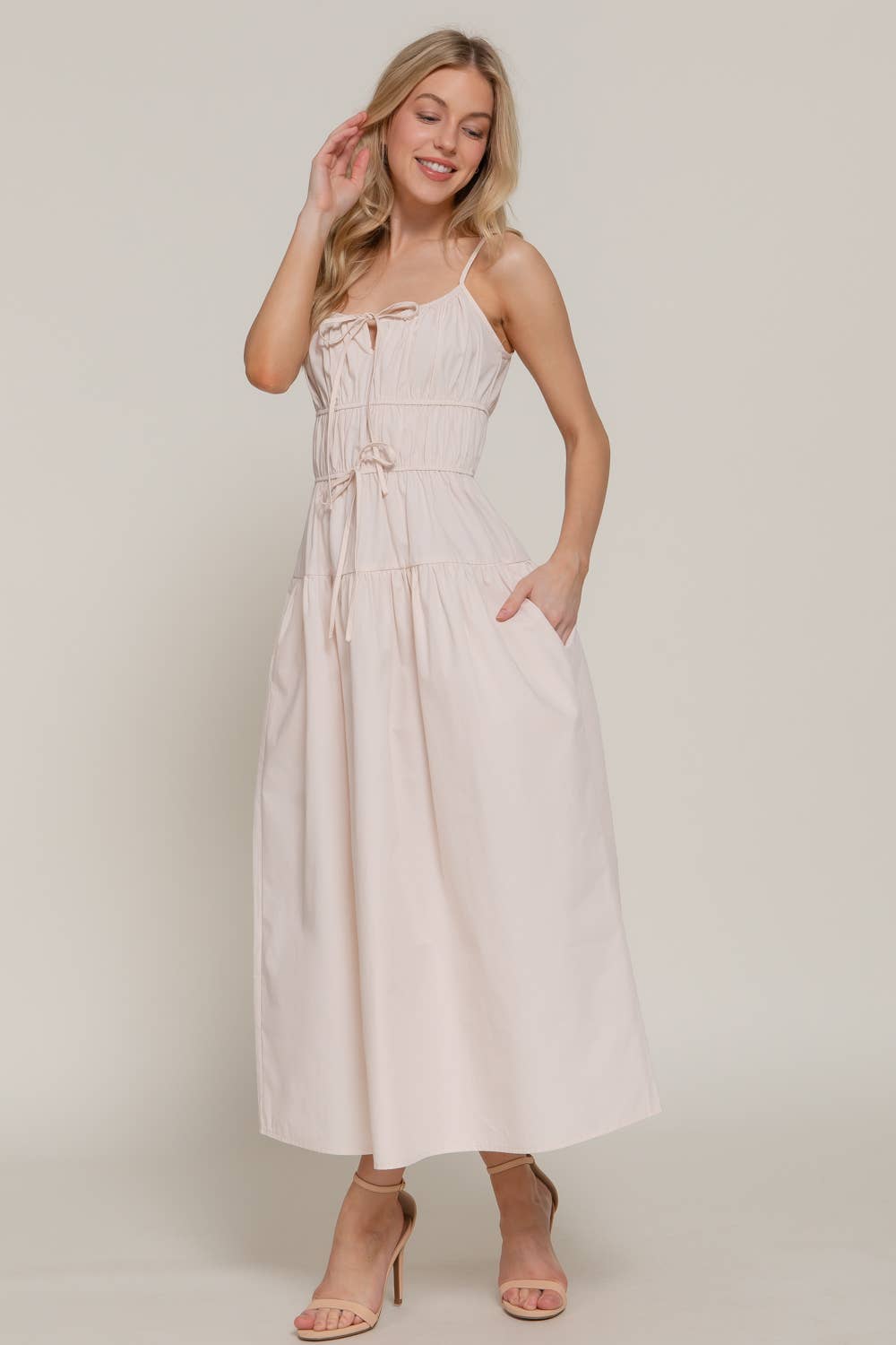 Front Tie Detail Tiered Long Dress