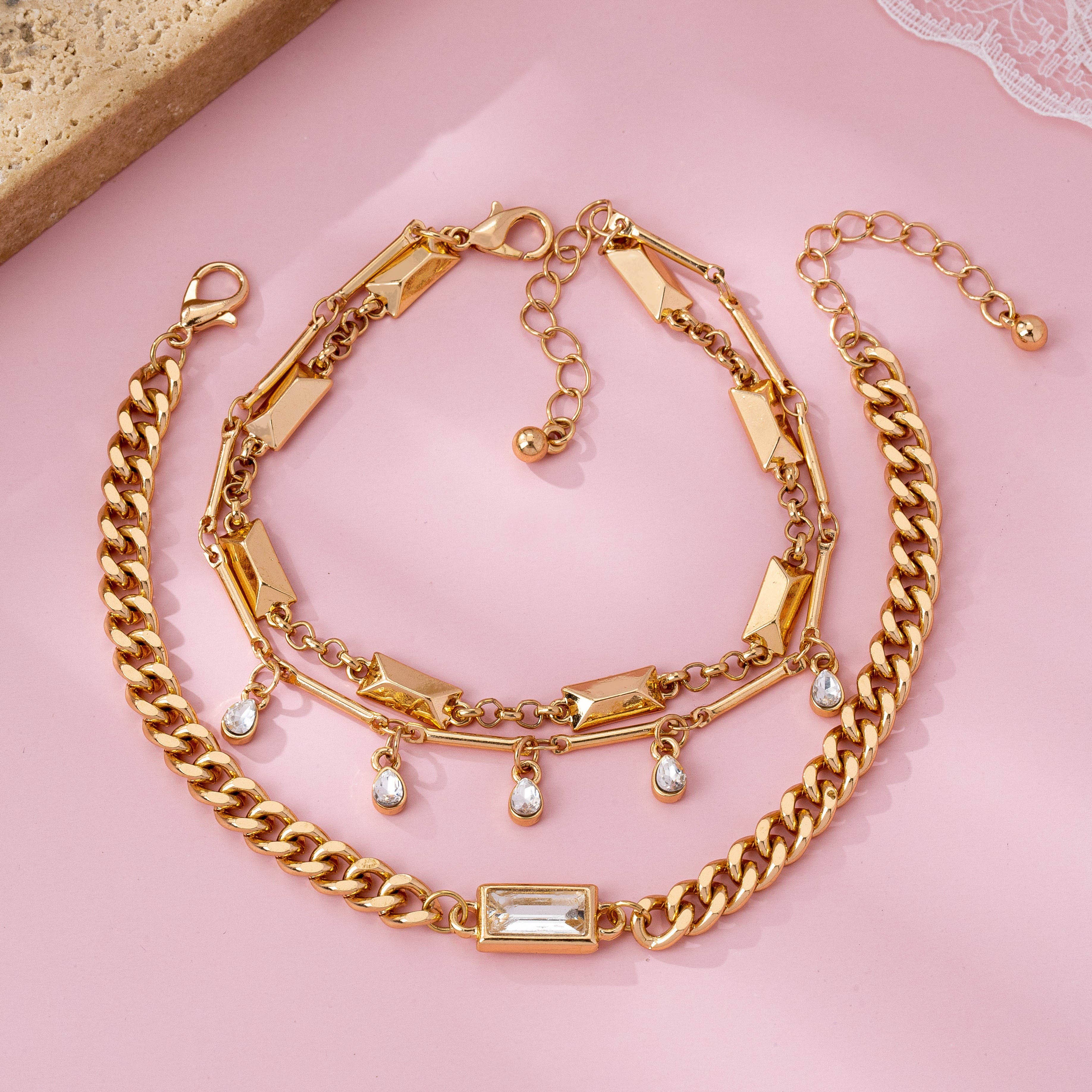 Gold Multi-Chain Crystal Drop Layered Bracelet | 80B1626