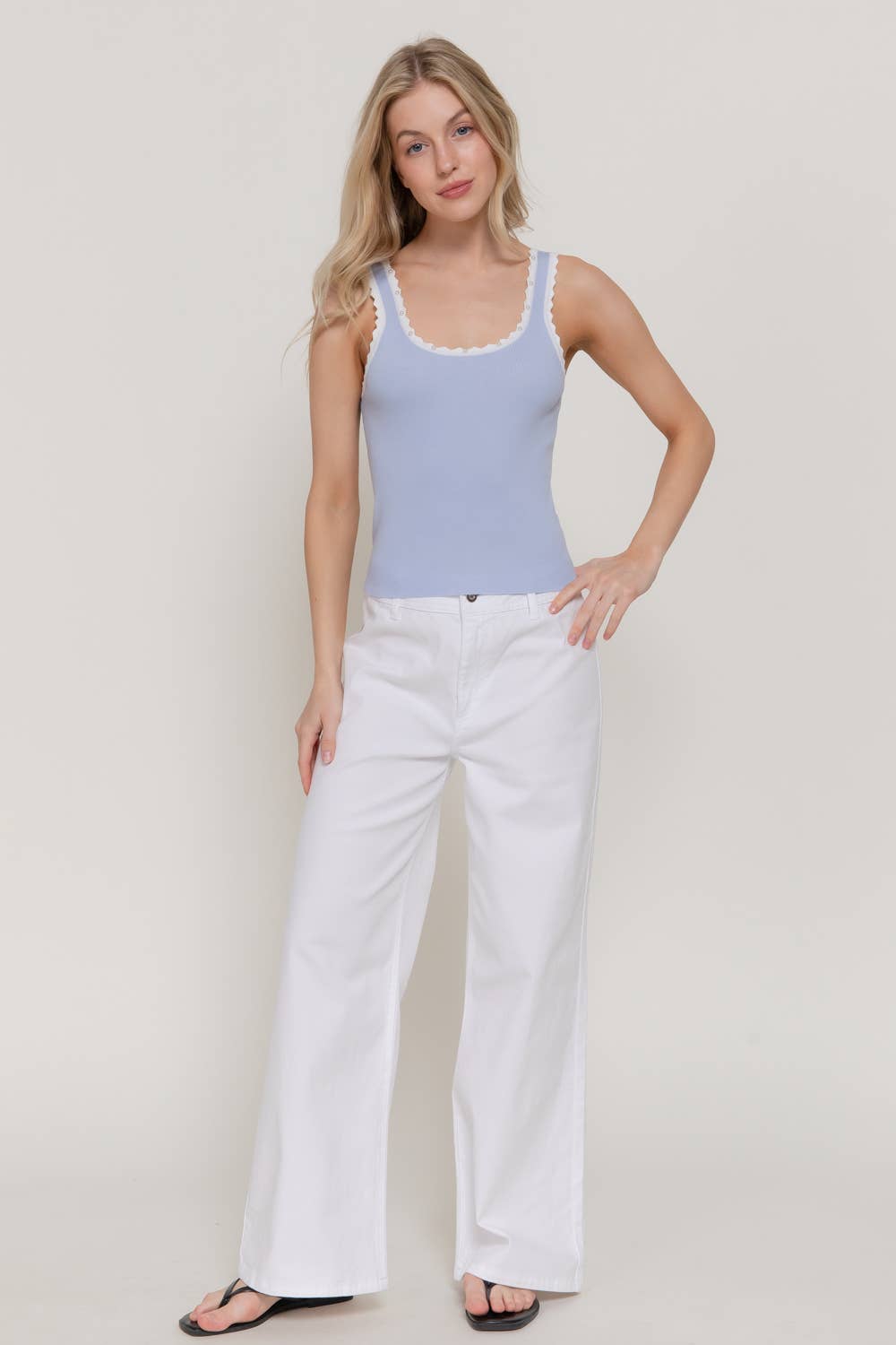Sleeveless Square Neck with Scallop Pearl Sweater Knit Top