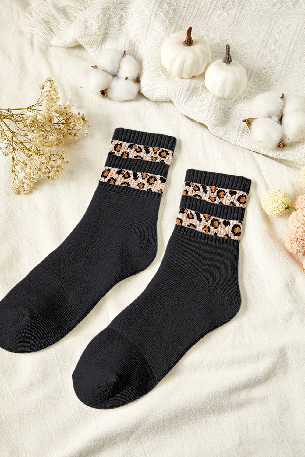 Leopard Striped Detail Ribbed Cuffs Womens Sock 1 pair