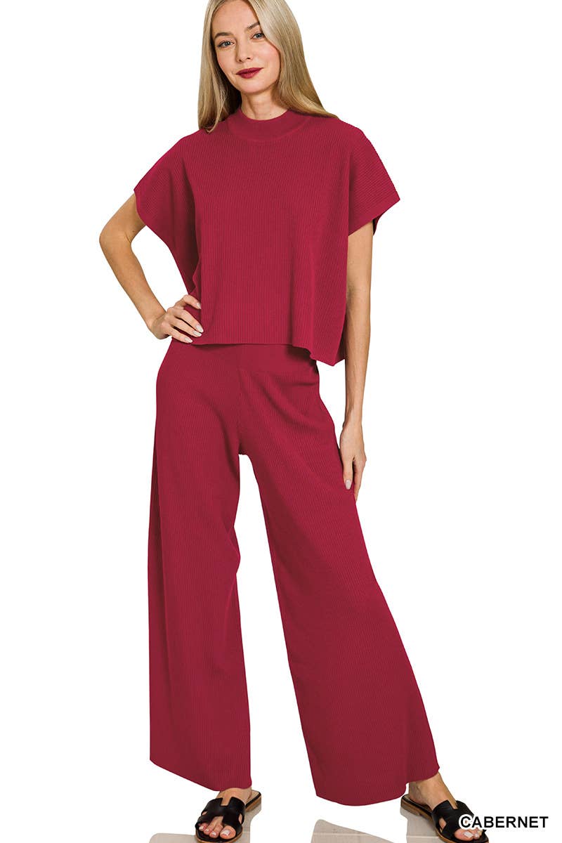 Zenana Boxy Top Wide Leg Ribbed Pants 2pcs Set