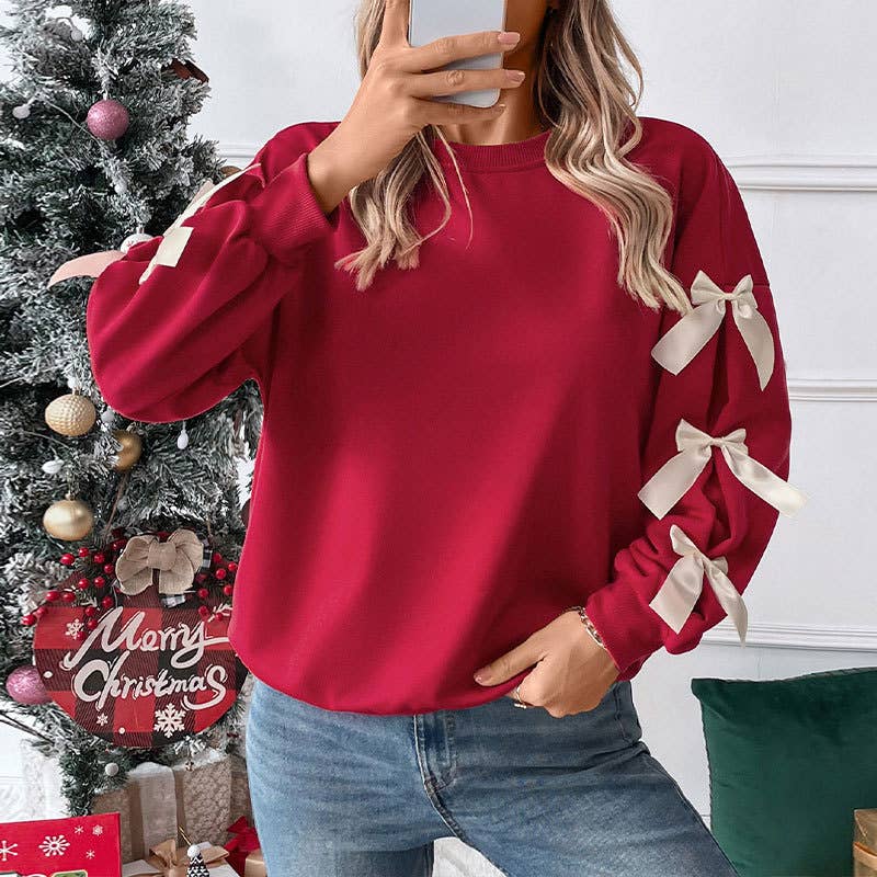 Lovesoft Red Bow-Sleeve Valentines Day Crew Neck Sweatshirt
