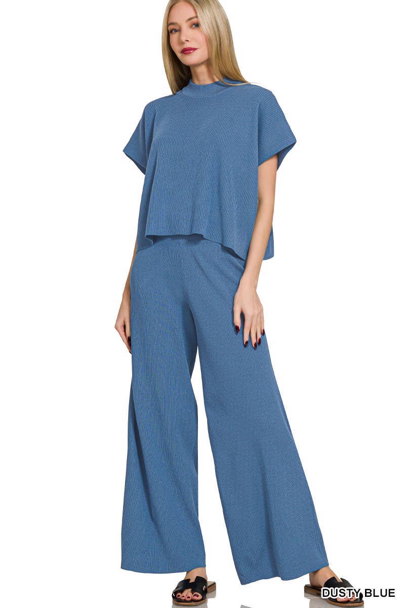 Zenana Boxy Top Wide Leg Ribbed Pants 2pcs Set