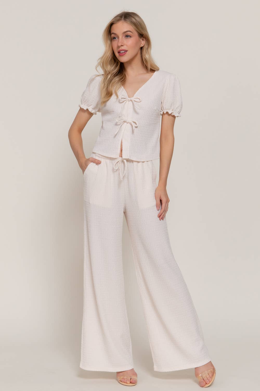 Short Sleeve V-Neck with Tie Top & Texture Knit Pants Set