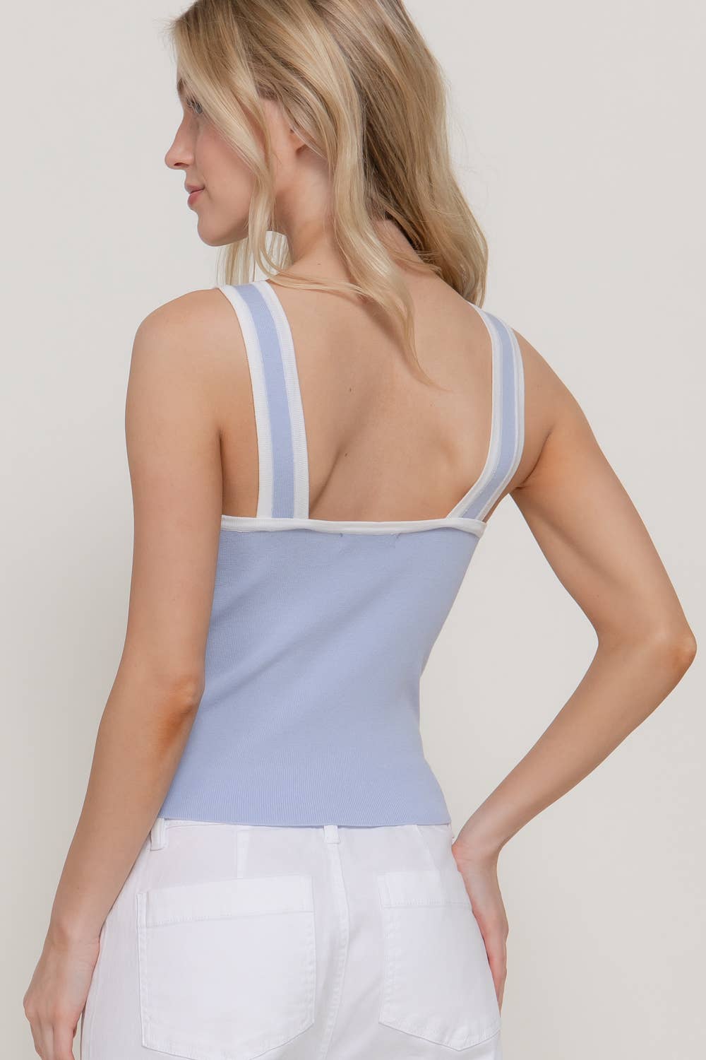 Sleeveless Square Neck with Scallop Pearl Sweater Knit Top